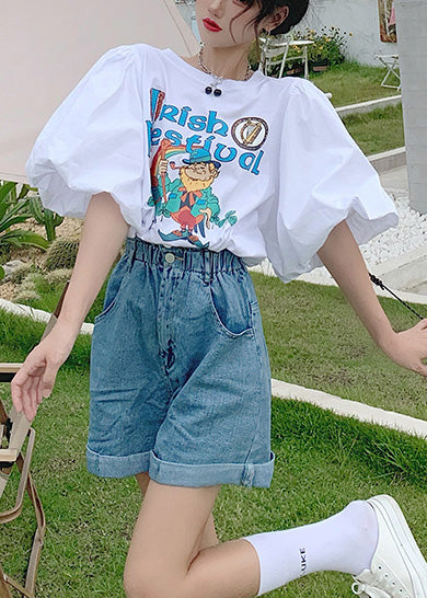 Classy White Puff Sleeve Print Cotton Tanks Summer