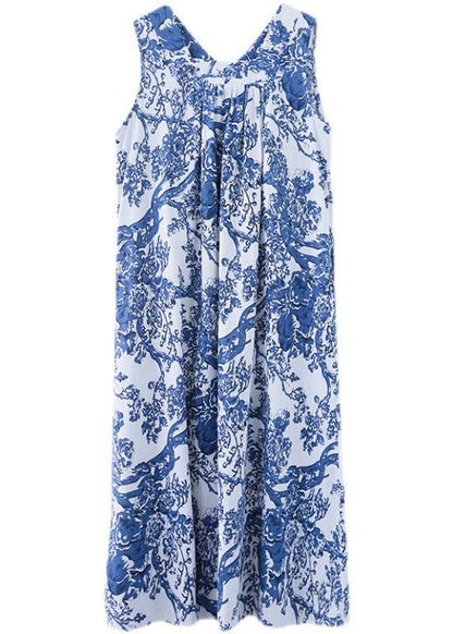 Diy Blue Loose Print V Neck Summer Vacation Dress Sleeveless