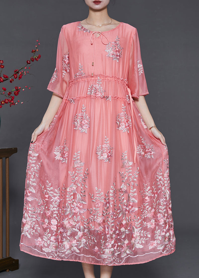 Pink Embroidered Silk Cinched Dress Summer