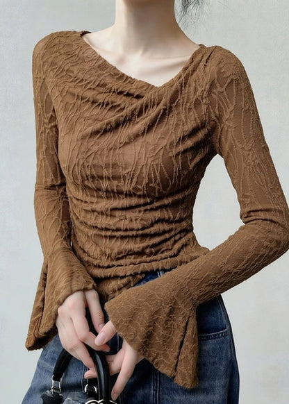 Coffee Asymmetrical Print T Shirt Flare Sleeve