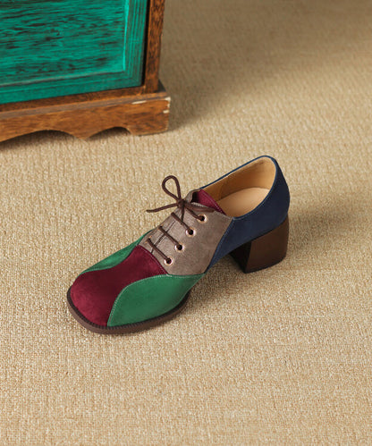 Comfy Splicing Lace Up Chunky Heels Loafers Yellow Suede