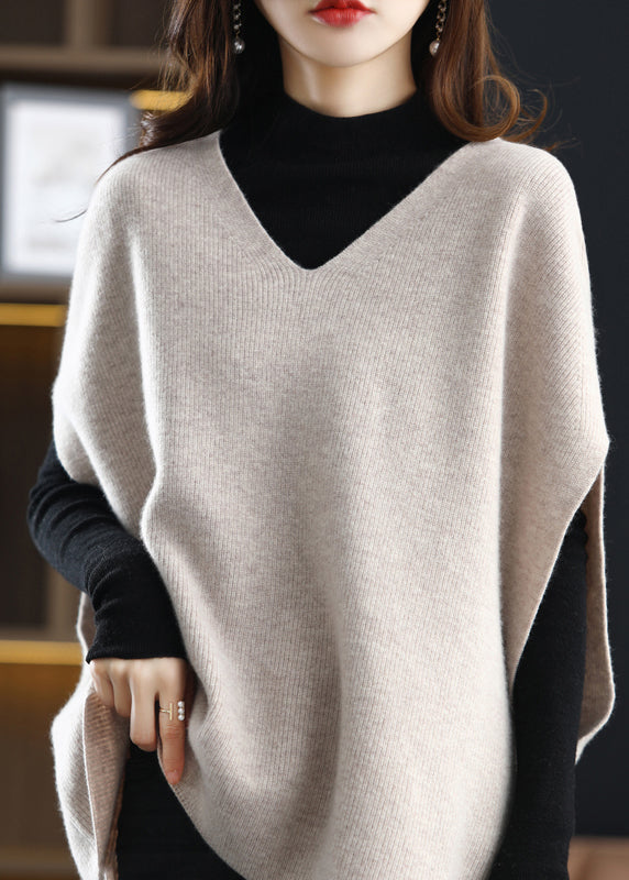 Beige V Neck Thick Knit Vest Sleeveless