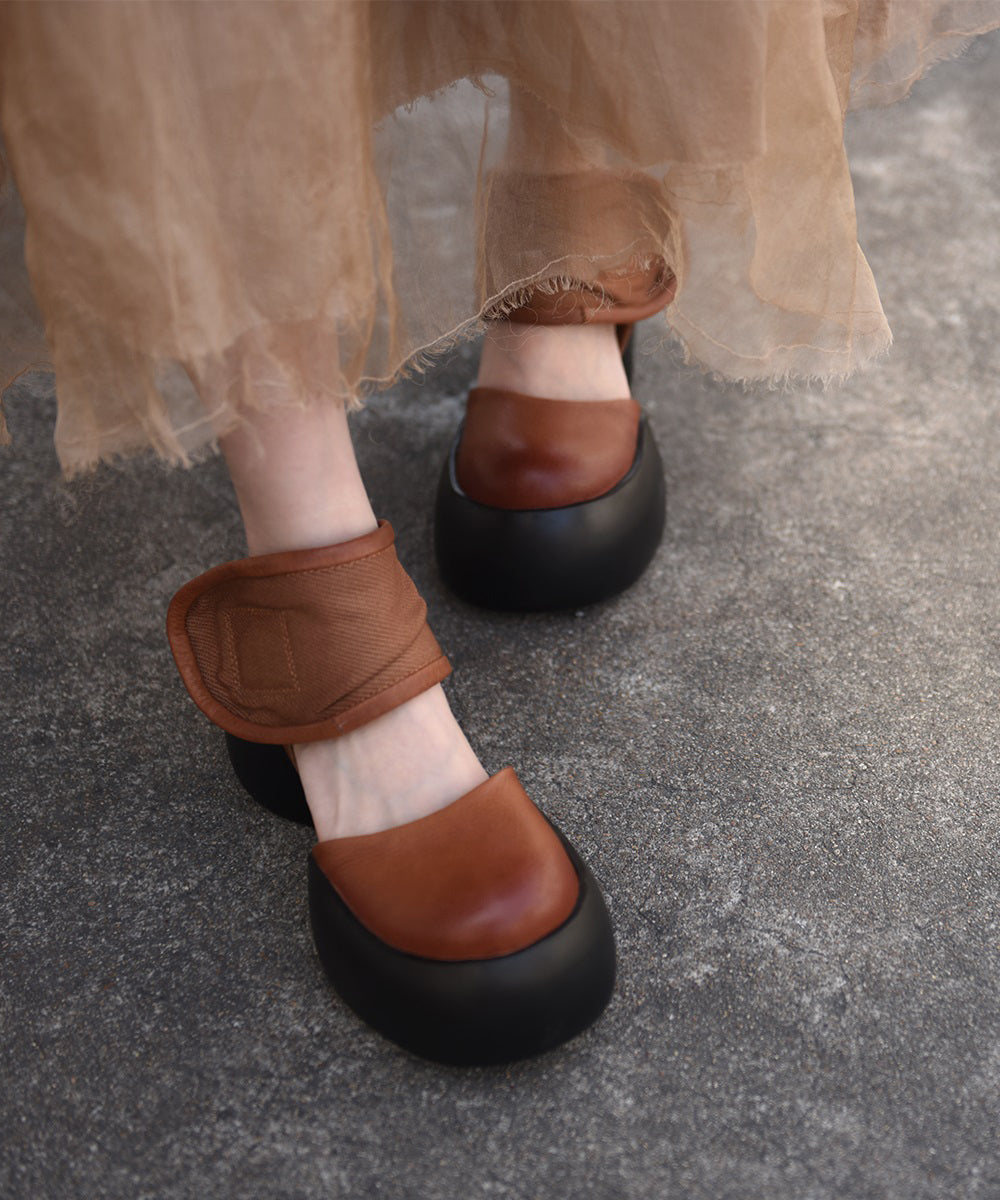 New Black Cowhide Leather Chunky Sandals