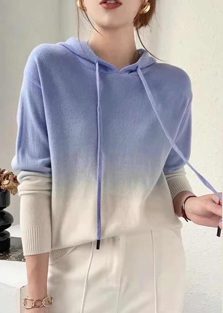 New Coffee Gradient Color Hooded Patchwork Wool Knit Sweaters Fall