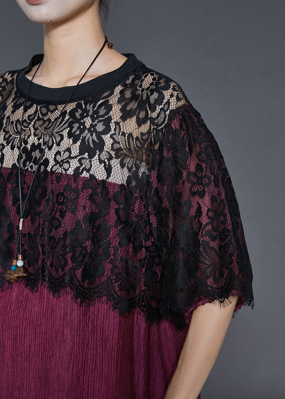 Dull Red Oversized Patchwork Lace Dress Summer
