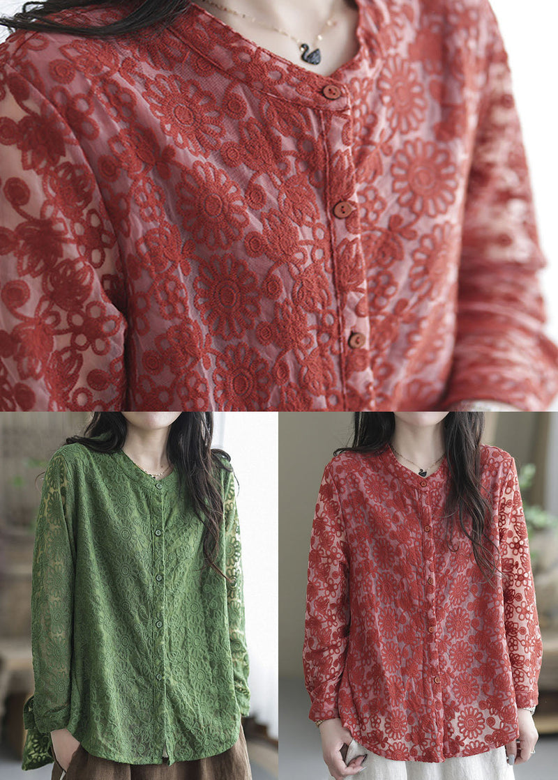 Green Lace Tops Asymmetrical Embroideried O-neck Spring
