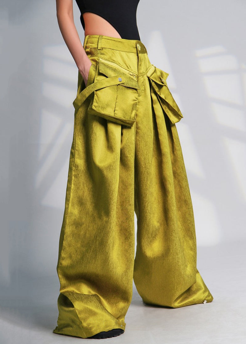 Green Pockets High Waist Cotton Wide Leg Pants Spring