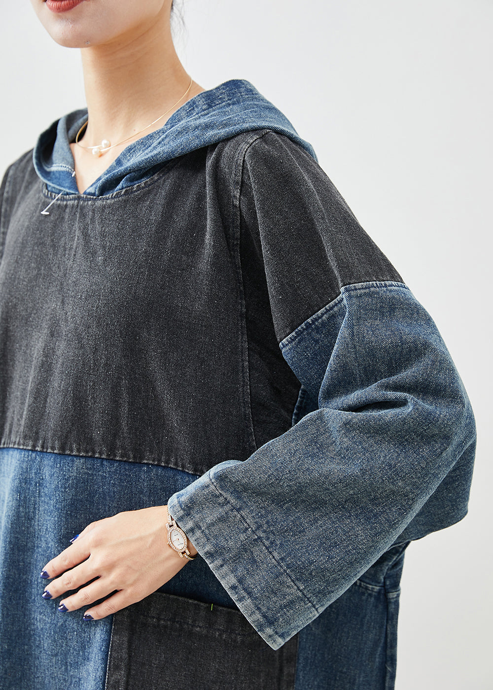 Blue Hooded Patchwork Side Open Cotton Sweatshirt Dress Fall