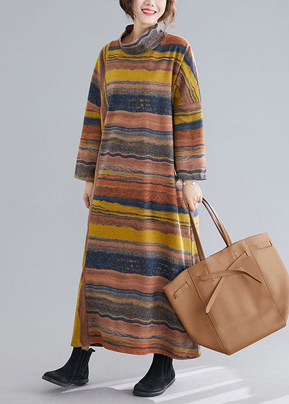 Green Turtle Neck Patchwork Striped Cotton Ankle Dress Spring