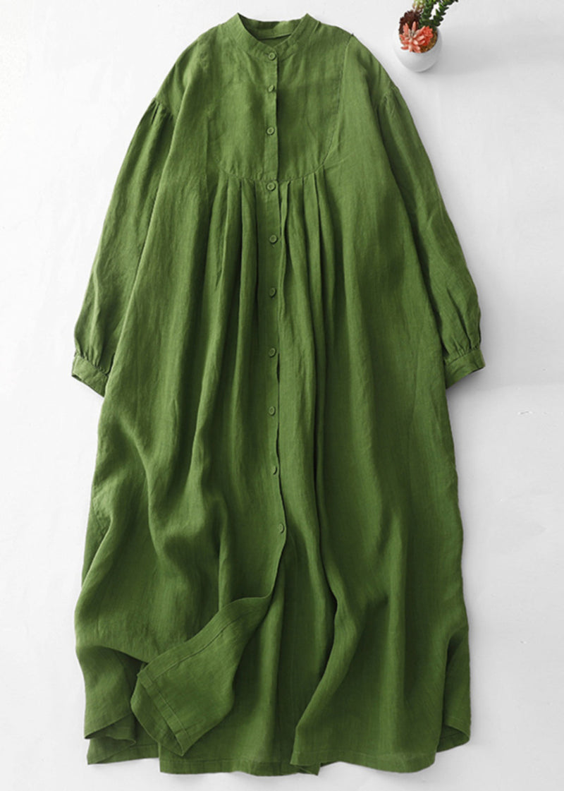Art Green Button Wrinkled Cotton Blouses Dress Spring
