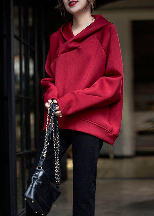 Red Asymmetrical Hooded Color Cotton Sweatshirts Top Fall