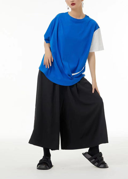Blue O-neck Patchwork Wrinkled Cotton Tank Tops Summer