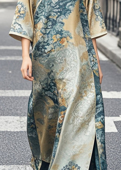 Khaki Print Side Open Silk Oriental Dress Bracelet Sleeve Spring