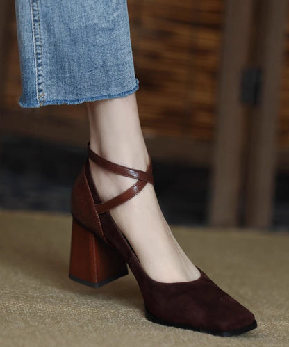 European and American Style Brown Buckle Strap Suede Chunky High Heels