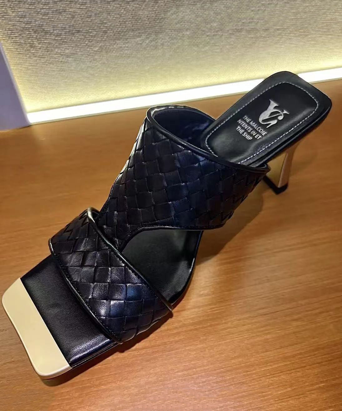 Black Chunky Heel Faux Leather Slide Sandals Peep Toe