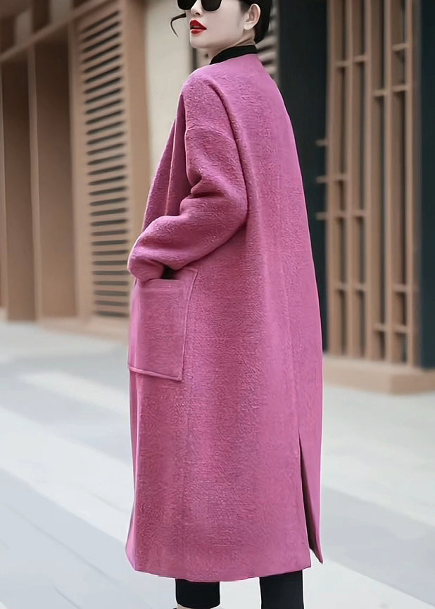 Pink Pockets Back Side Open Woolen Coats Winter