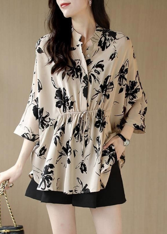Slim Fit Beige Stand Collar Button Drawstring Print Chiffon Shirt Spring