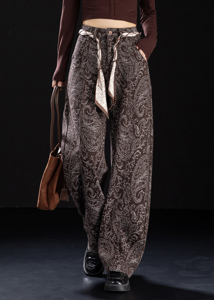 Brown Pockets Print Warm Fleece Denim Pants Spring