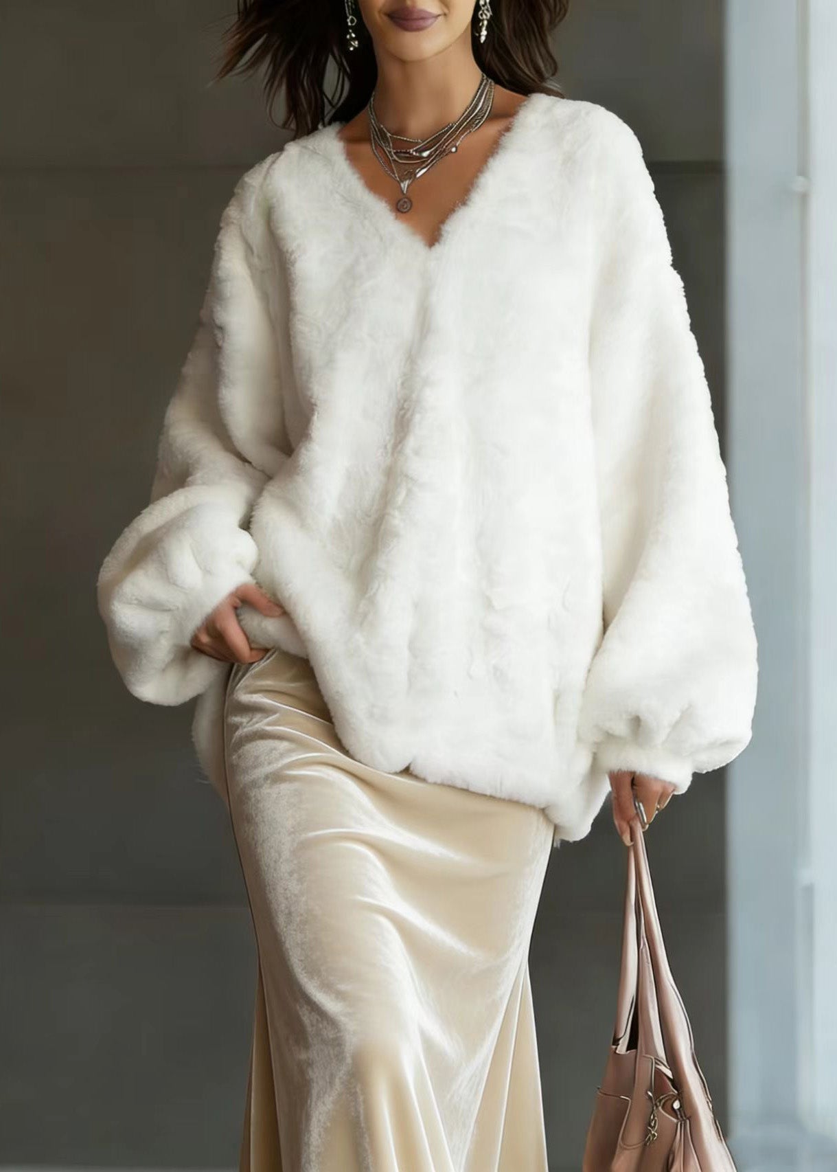 Beige V Neck Fuzzy Fur Fluffy Tops Lantern Sleeve