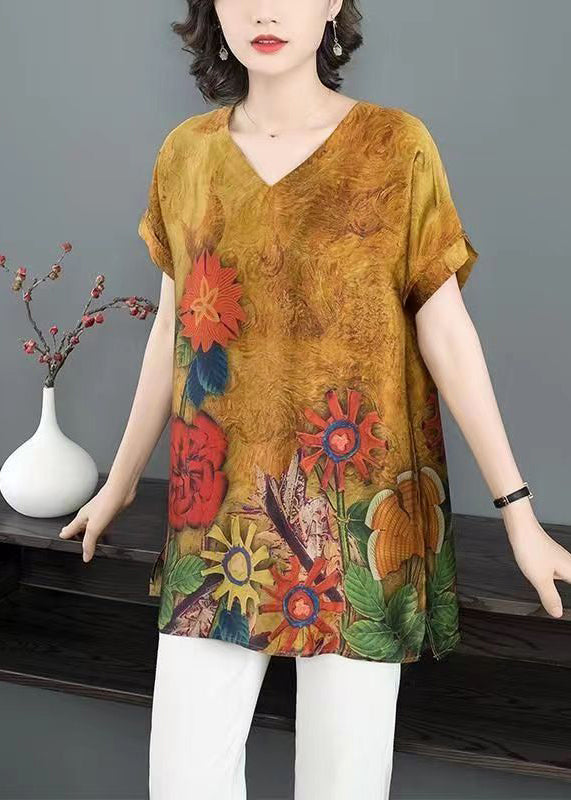 Yellow Print Side Open Patchwork Silk T Shirt Short Sleeve