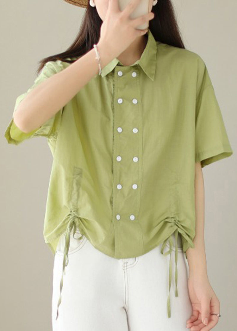 White Double Breast Drawstring Cotton Shirt Tops Summer