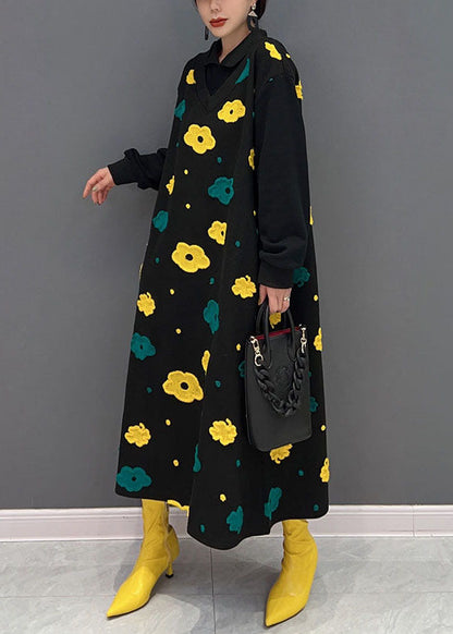 Black Peter Pan Collar Patchwork Print Cotton Fake Two Piece Dress Spring