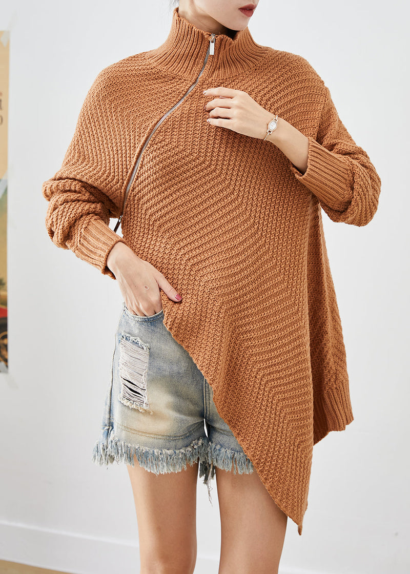 Brown Asymmetrical Zippered Knit Pullover Winter
