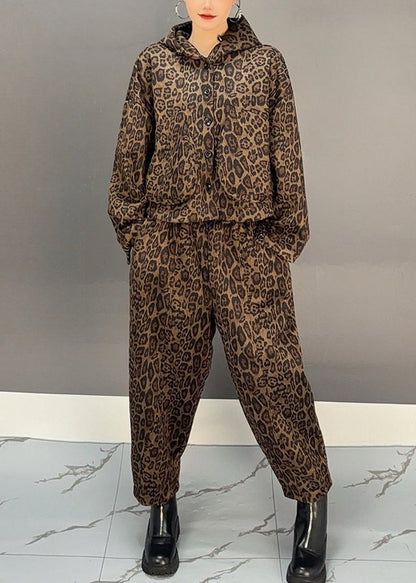 Khaki Leopard Warm Fleece Hooded Coats and Harem Pants Two Pieces Set Winter