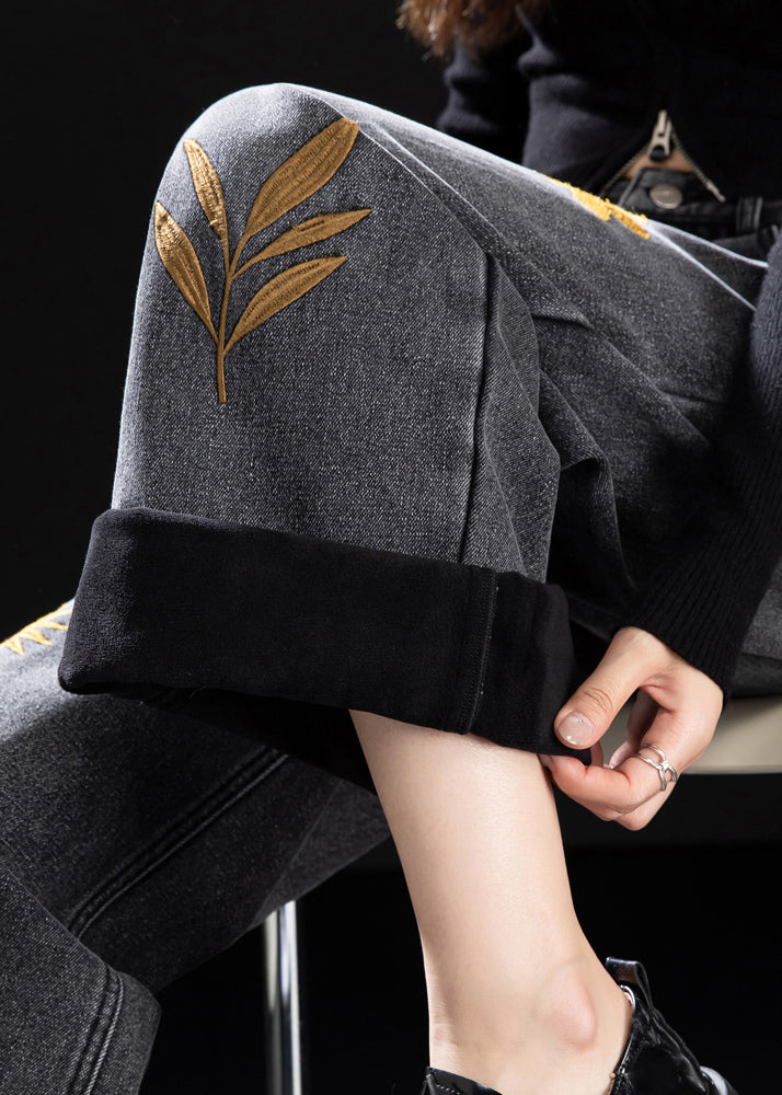 Handmade Black Embroidered Warm Fleece Denim Pants Spring