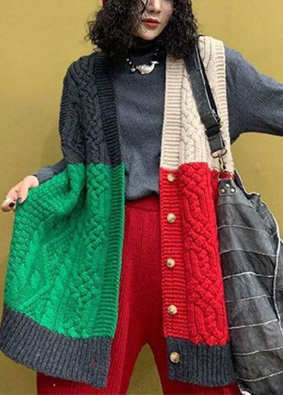 Red Green Loose V Neck Button Patchwork Fall Top Sleeveless Vest
