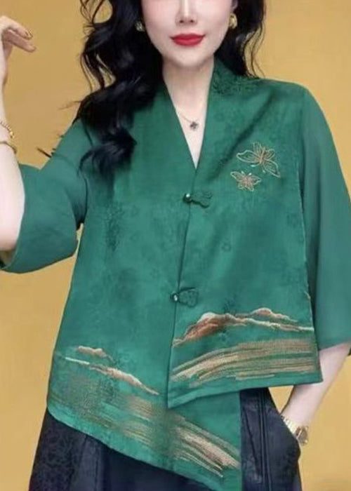 Green V Neck Button Silk Shirts Bracelet Sleeve