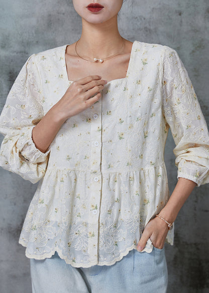White Square Collar Embroidered Cotton Tops Spring