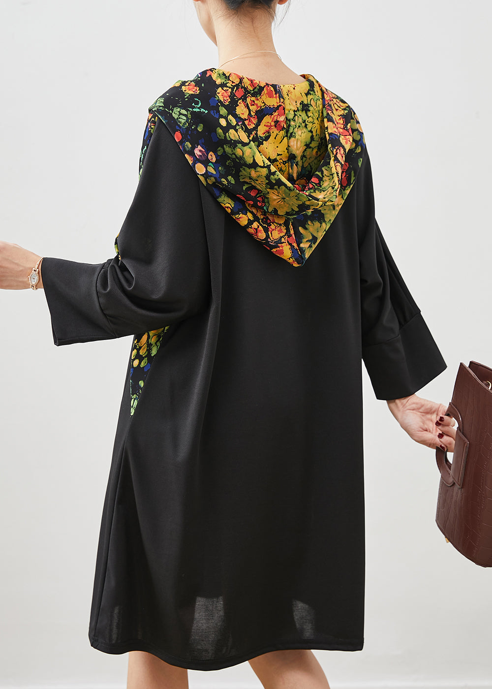 Black Hooded Patchwork Cotton Dress Spring
