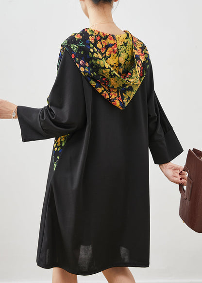 Black Hooded Patchwork Cotton Dress Spring