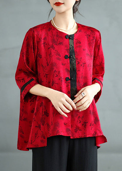 Red Oversized Print Silk Oriental Tops Summer