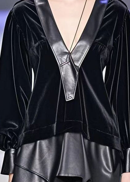 Black Asymmetrical Faux Leather Patchwork Silk Velour Shirt Top Fall