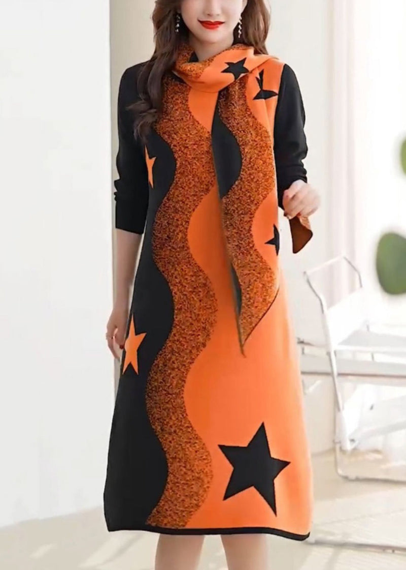 Orange Print Cozy Cotton Knit Two Piece Suit Long Sleeve