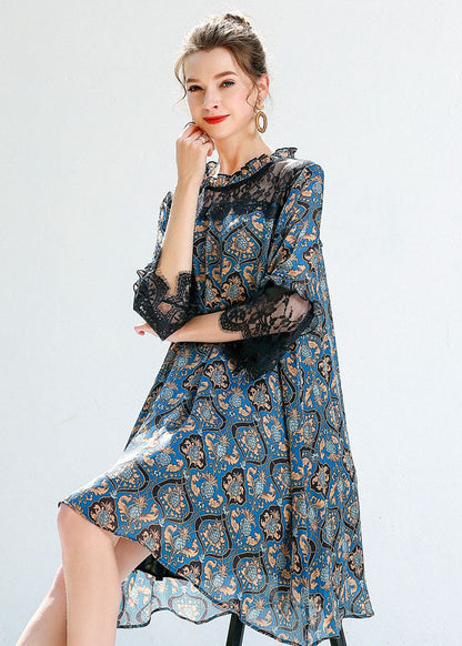 Blue Print Ruffled Lace Patchwork Hollow Out Chiffon Dresses Summer