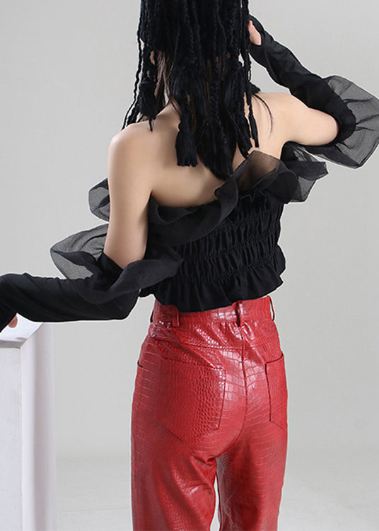 Diy Black Ruffled Tulle Wrinkled Cotton Top Long Sleeve