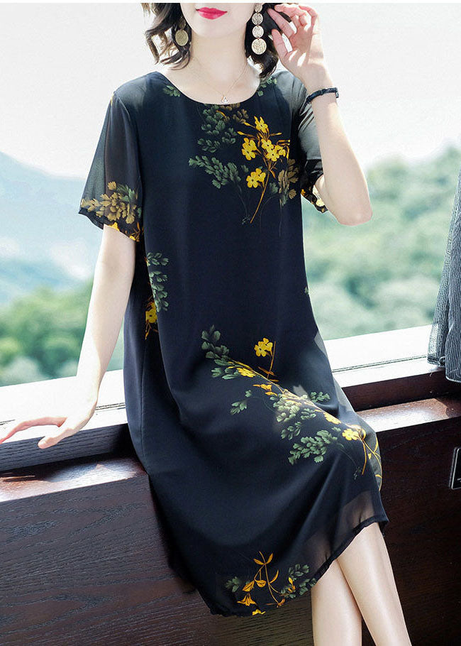 Modern Black O-neck Print Draping Chiffon Maxi Dresses Summer