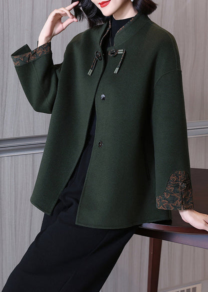 Blackish Green Button Wool Coat Long Sleeve