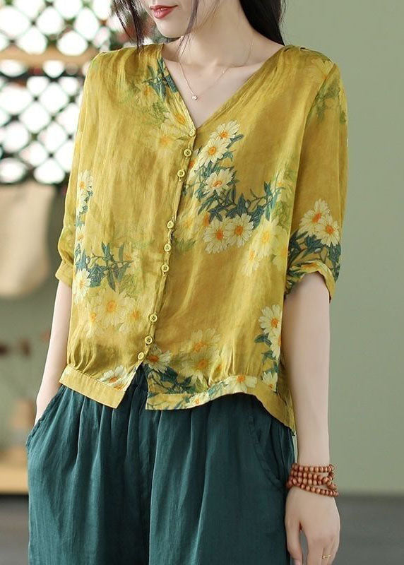 Yellow V Neck Print Linen Shirt Tops Half Sleeve