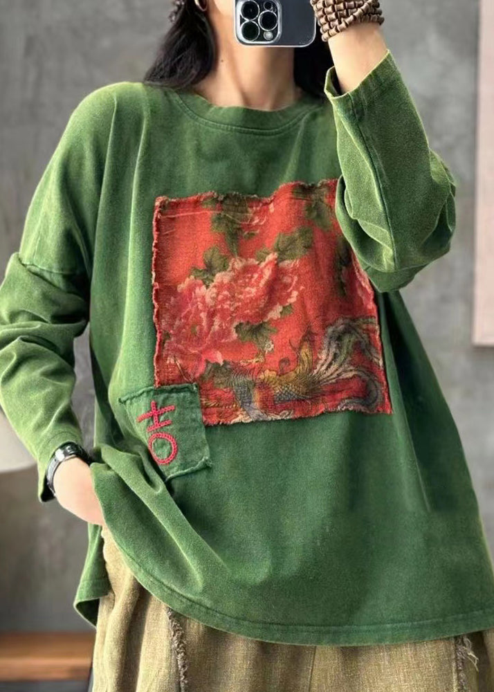 Red O Neck Applique Cotton T Shirt Tops Long Sleeve