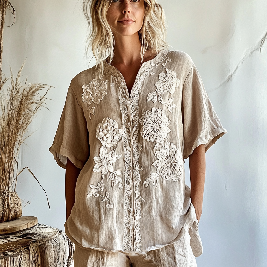 Women's Vintage Bohemian Floral Pattern Cotton And Linen V-neck Shirt artswardrobe