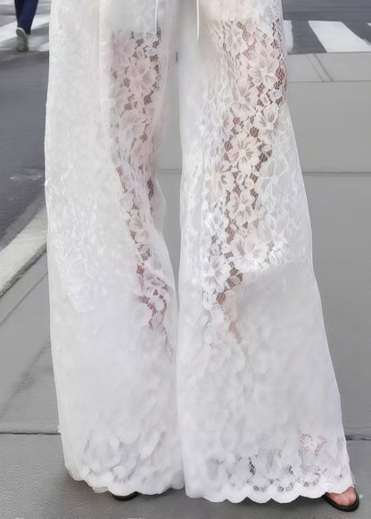 Stylish White Hollow Out Drawstring Lace Straight Pants Summer