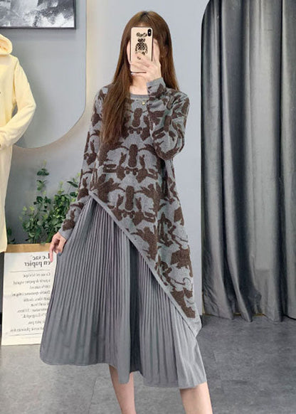 Grey Asymmetrical Patchwork Knit Long Dresses Spring