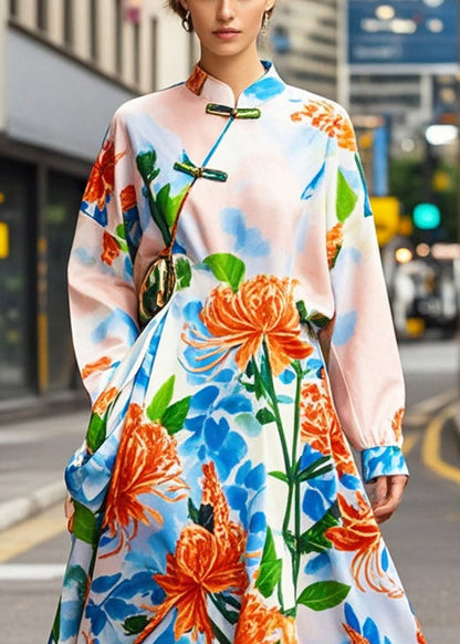 Apricot Print Asymmetrical Design Silk Oriental Dresses Fall