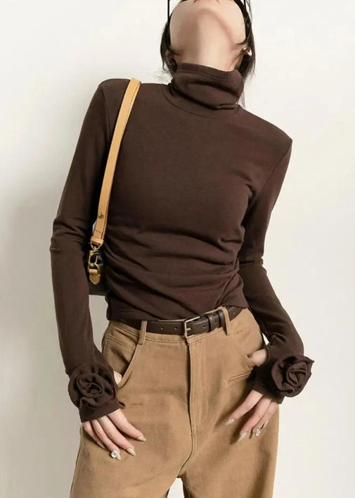 Slim Fit Coffee Turtleneck Cotton T Shirts Fall