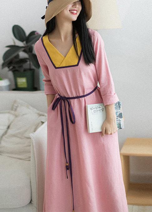 V Neck Patchwork Spring Clothes Fabrics Pink Maxi Dress