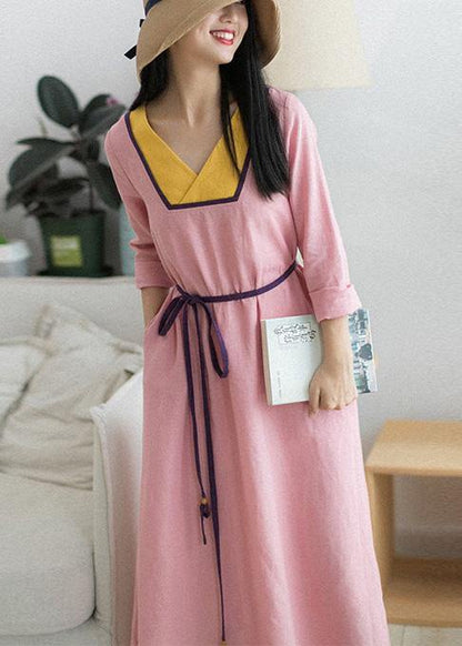 V Neck Patchwork Spring Clothes Fabrics Pink Maxi Dress